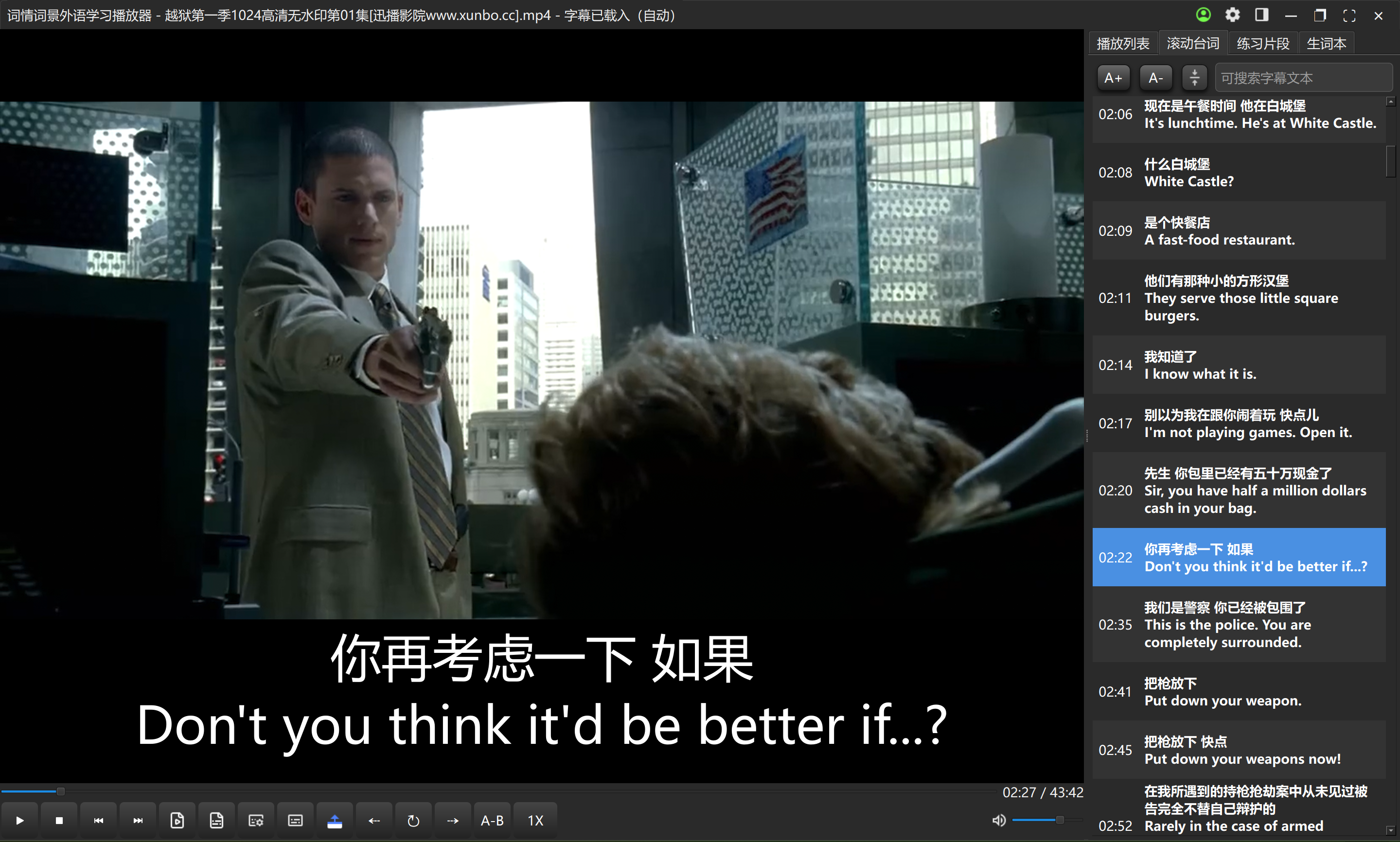 词情词景播放器软件全屏界面截图，展示视频播放区域、字幕显示和侧边功能面板